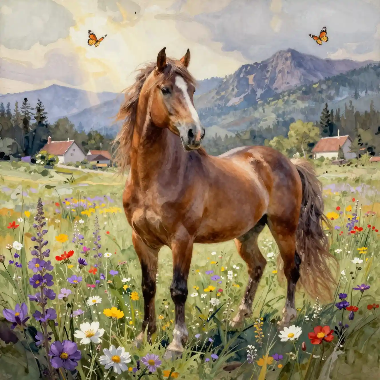 Brown stallion standing in a wildflower meadow portrait