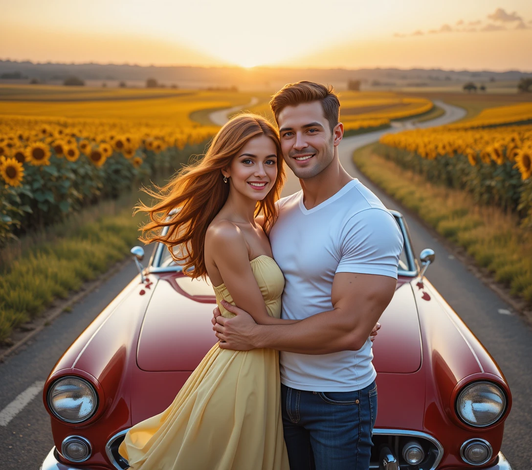 Casal feliz se abraçando ao lado de um conversível vermelho vintage ao pôr do sol