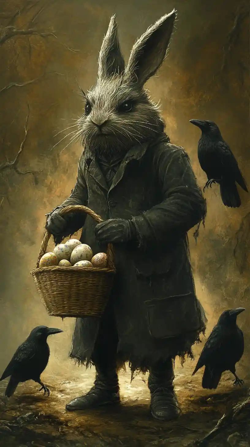Gothic-Hase mit Krähen und einem Korb voller Ostereier
