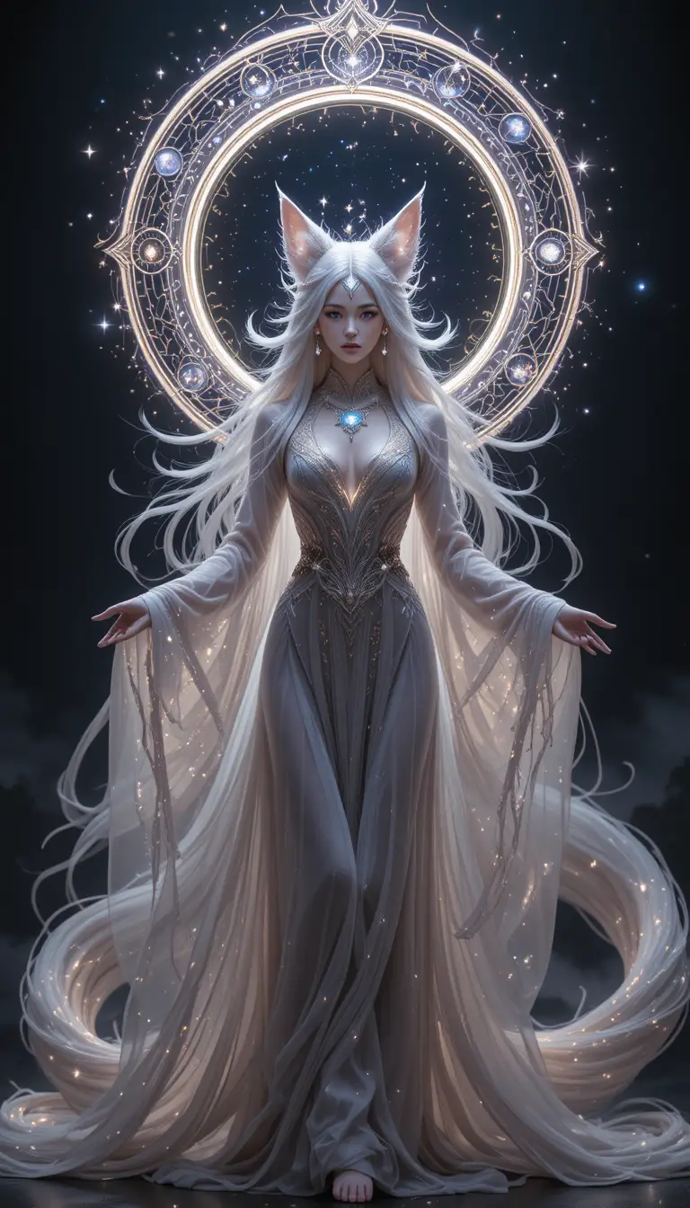 Celestial nine tailed fox goddess in flowing starlit robes