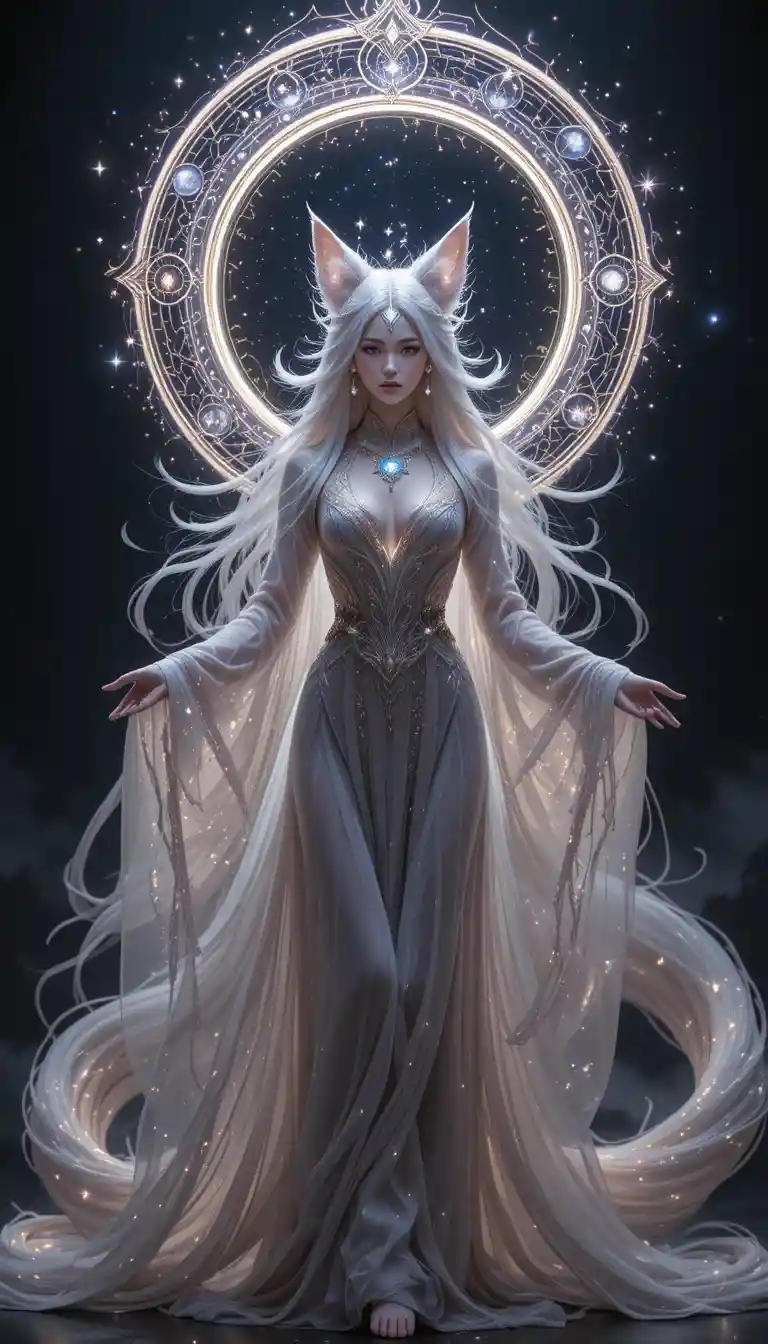 Celestial nine tailed fox goddess in flowing starlit robes
