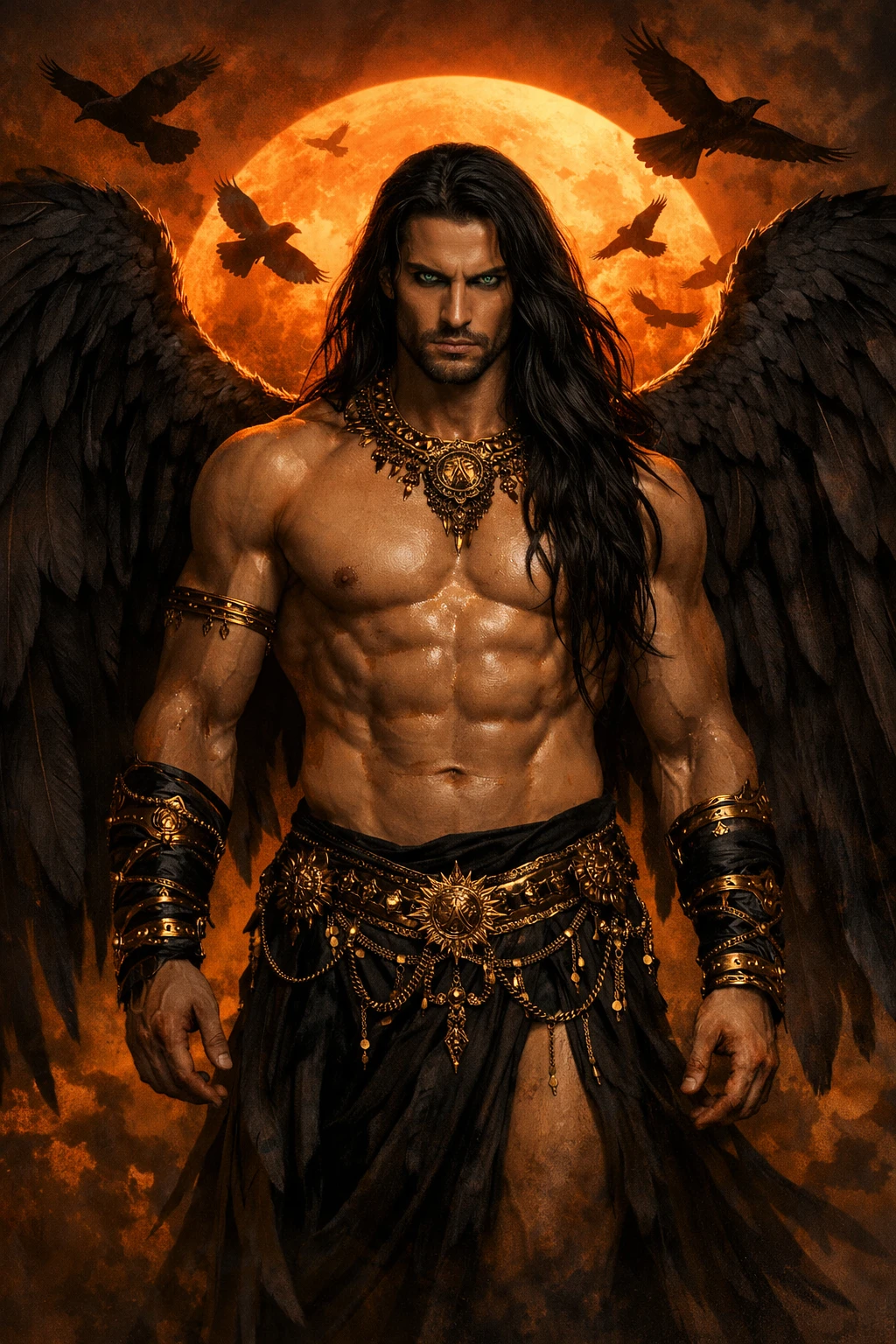 Dark winged man before a blazing celestial sun