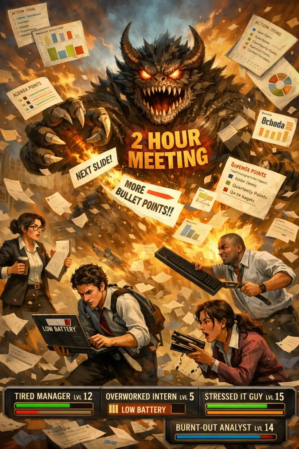 Guerriers épiques de soirée de bureau contre un gigantesque monstre-réunion