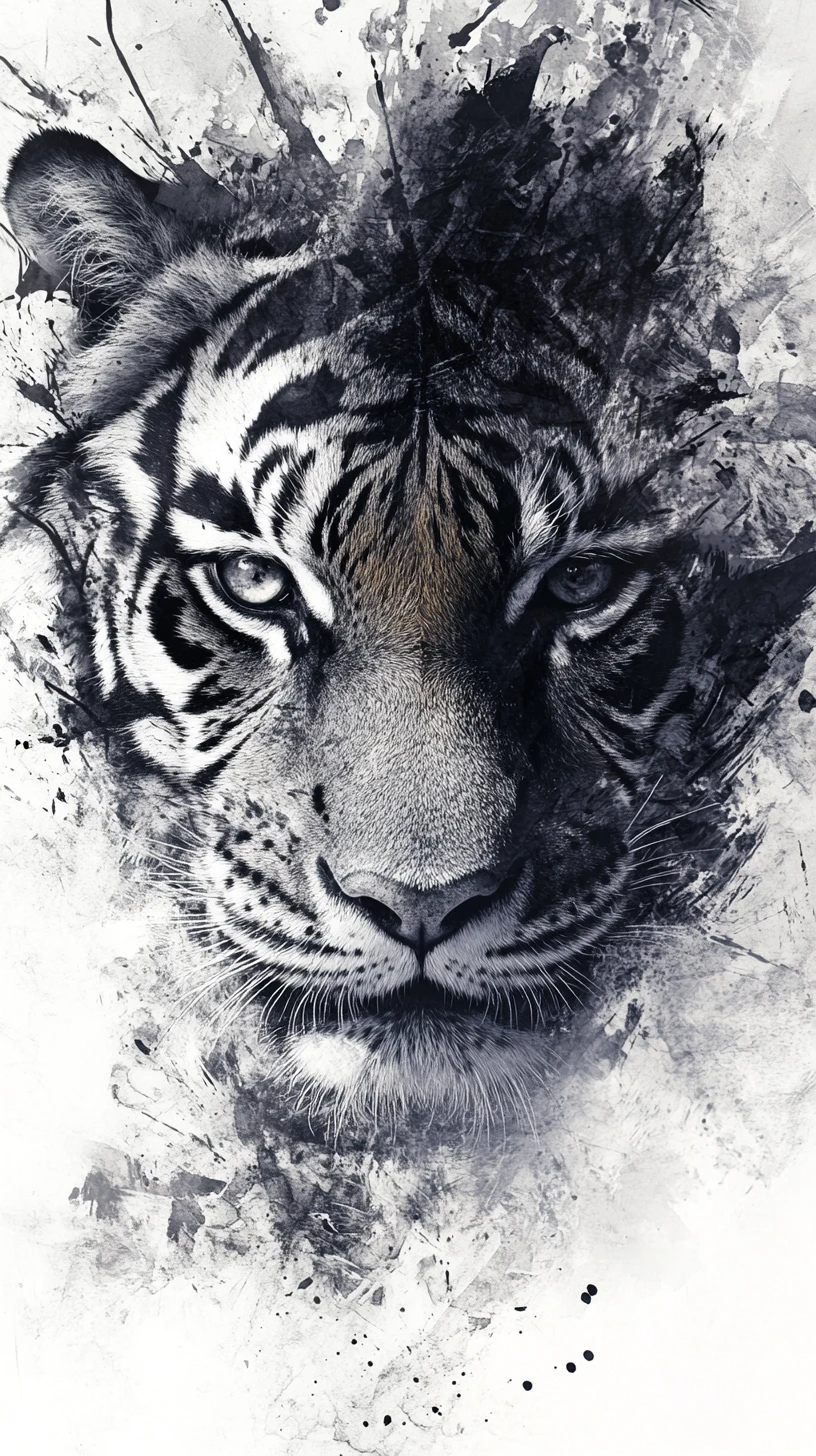 Tigre surrealista en acuarela en monocromo y color fragmentado