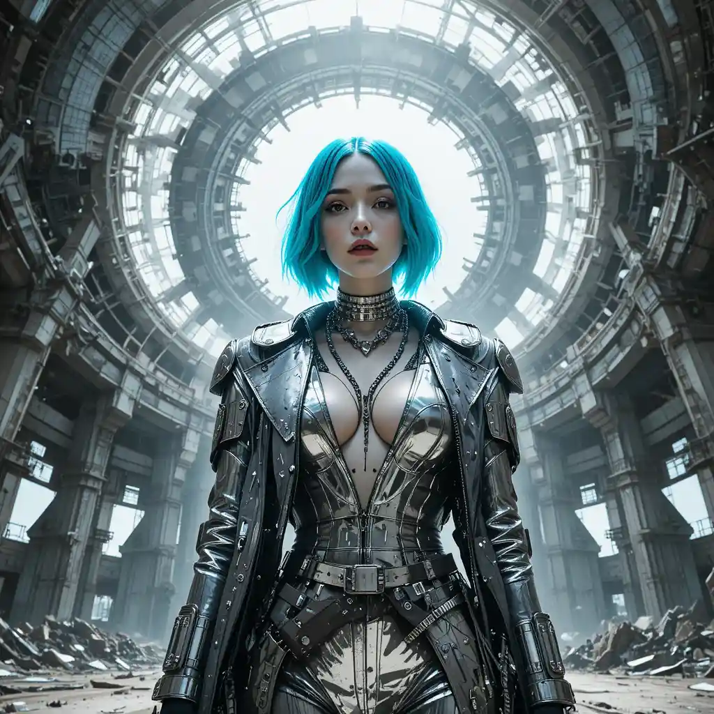 Femme fatale in silver trench coat in orbital turbine hall