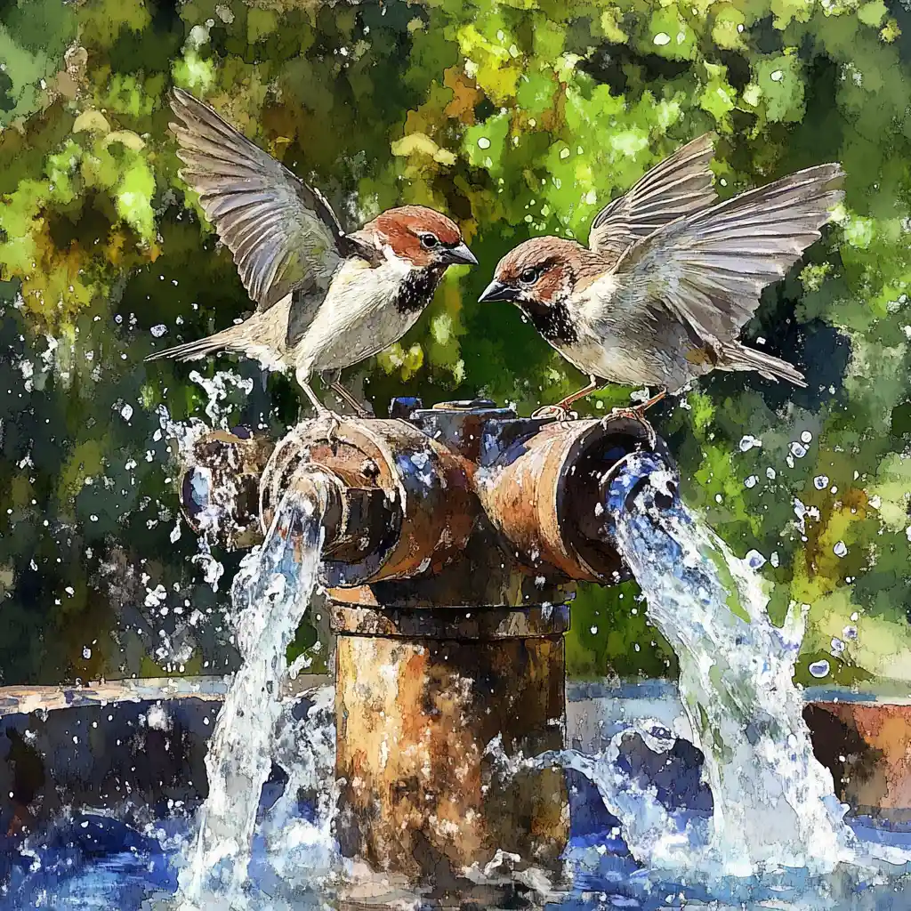 Two sparrows bathing beneath an old countryside water pump
