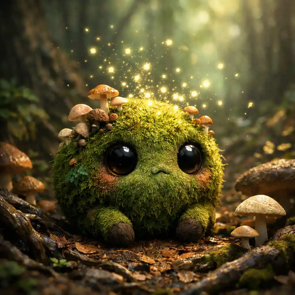 Moss Covered Forest Creature Among Mushrooms And Roots
