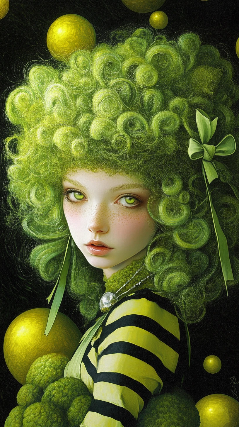 Surreal girl portrait with moss Afro and glowing yellow orbs