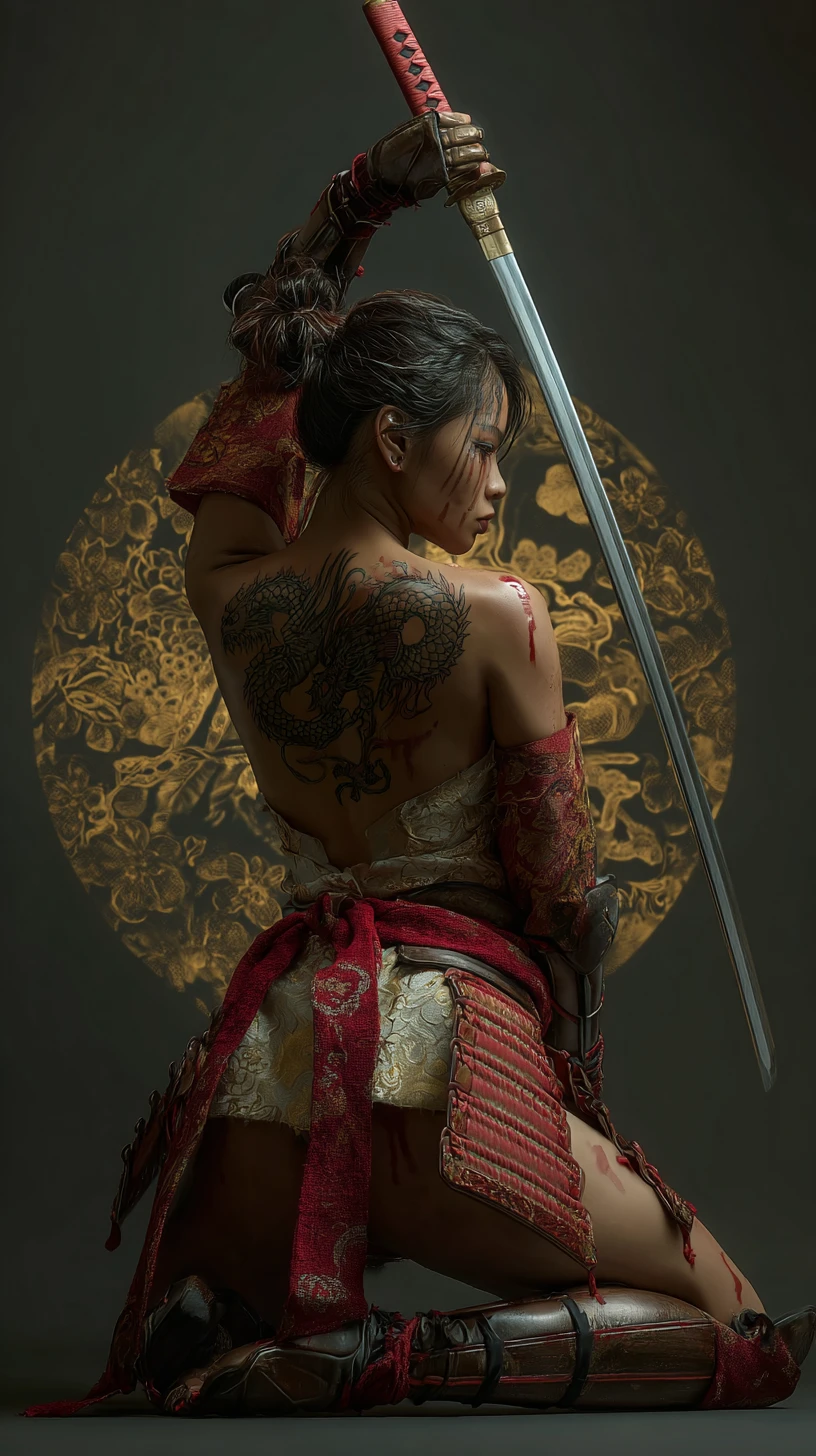 Female samurai kneeling with raised katana and dragon tattoo