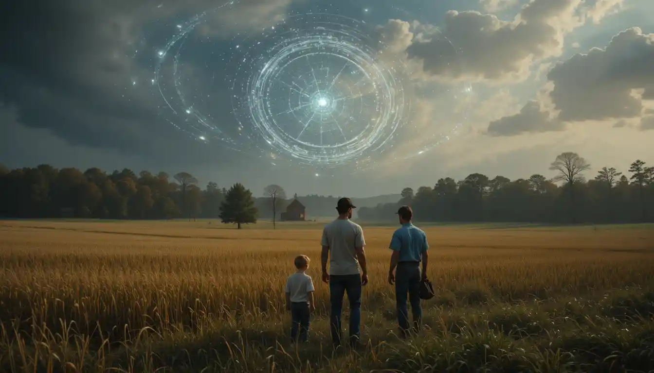 Family stands on rural farm facing strange crop circles