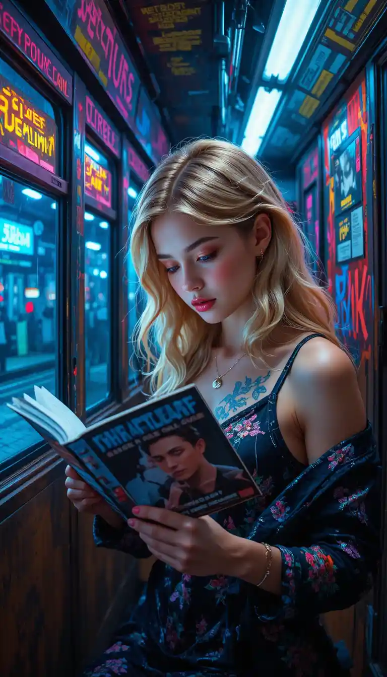 寧靜夜車站裡閱讀的年輕金髮女子