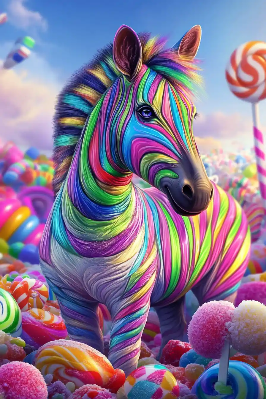 Cebra mística arcoíris en un colorido paisaje de dulces
