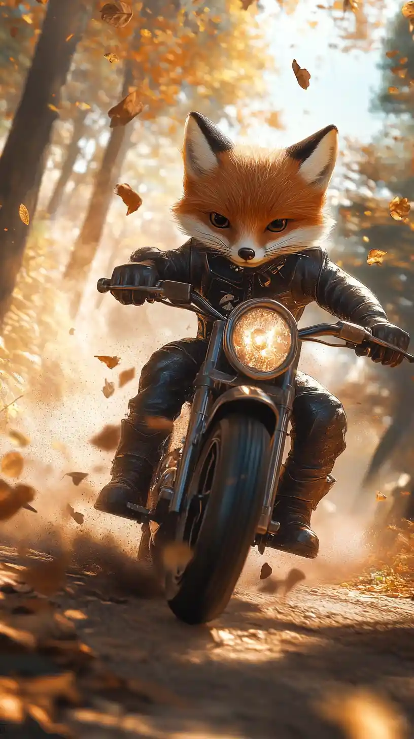 Fox kit racing a tiny motorcycle through sunlit forest