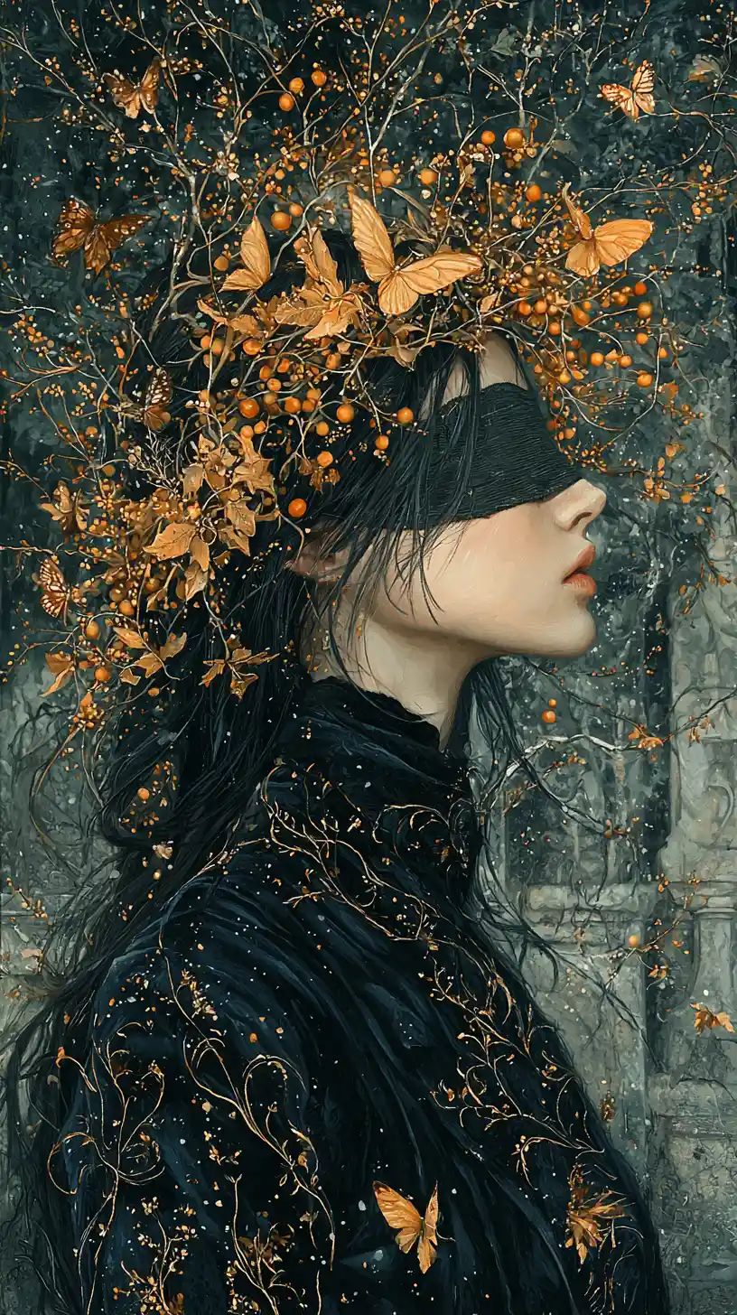 Blindfolded woman in velvet robe among ancient ruins