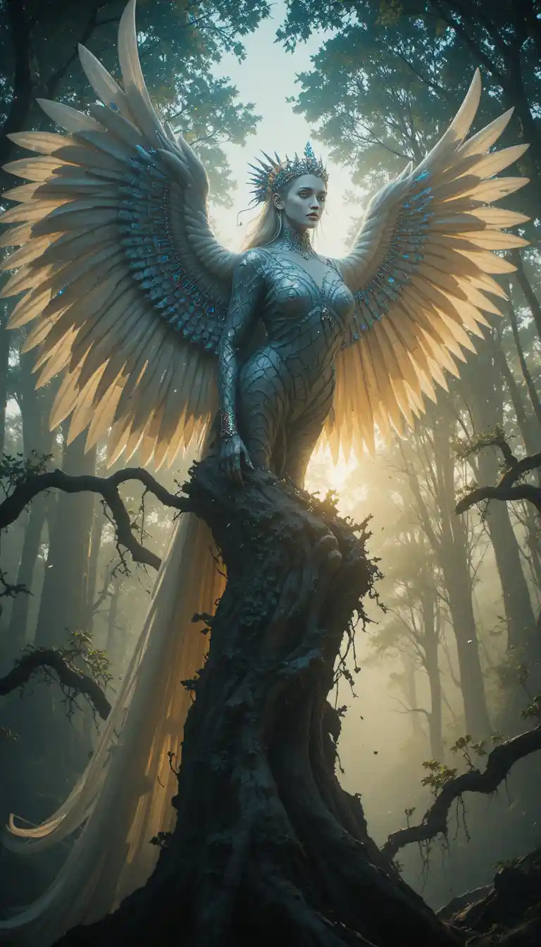 Majestic bird woman perched on ancient forest branch