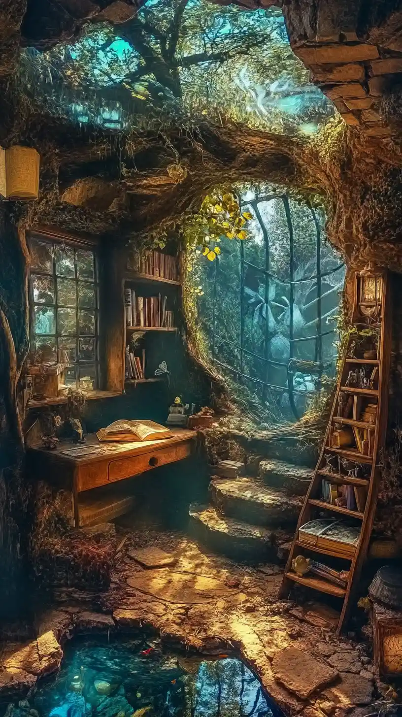 Surreal fairytale reading nook with illusionary book scenes