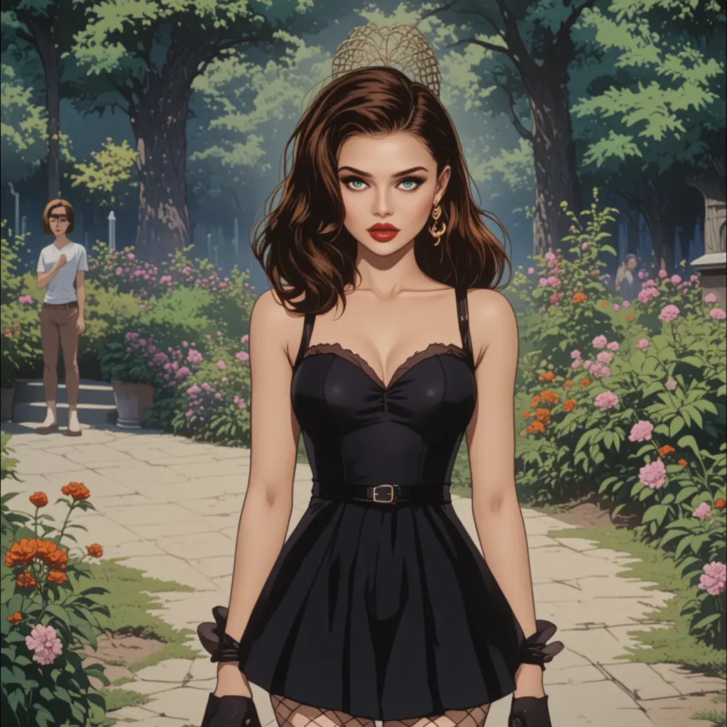 Young blonde girl in gothic dress in a public garden