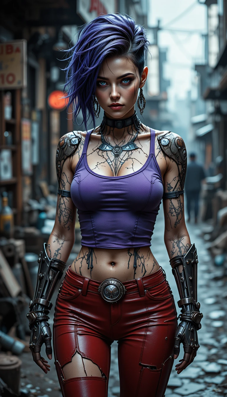 Cyberpunk warrior woman broken in a steampunk street