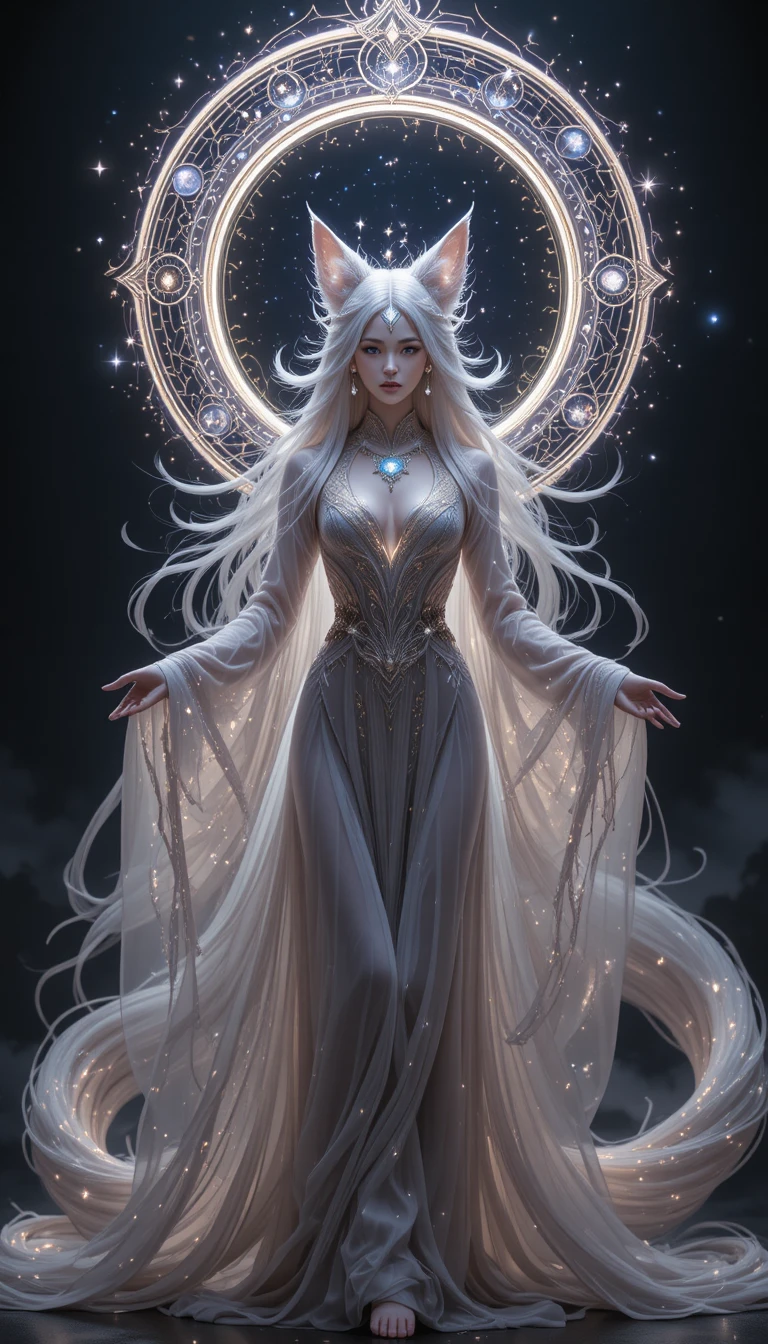 Celestial nine tailed fox goddess in flowing starlit robes