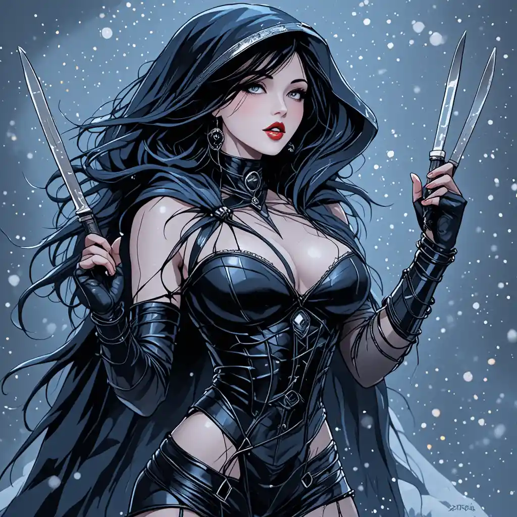 Mysterious woman in black leather with knives in falling snow