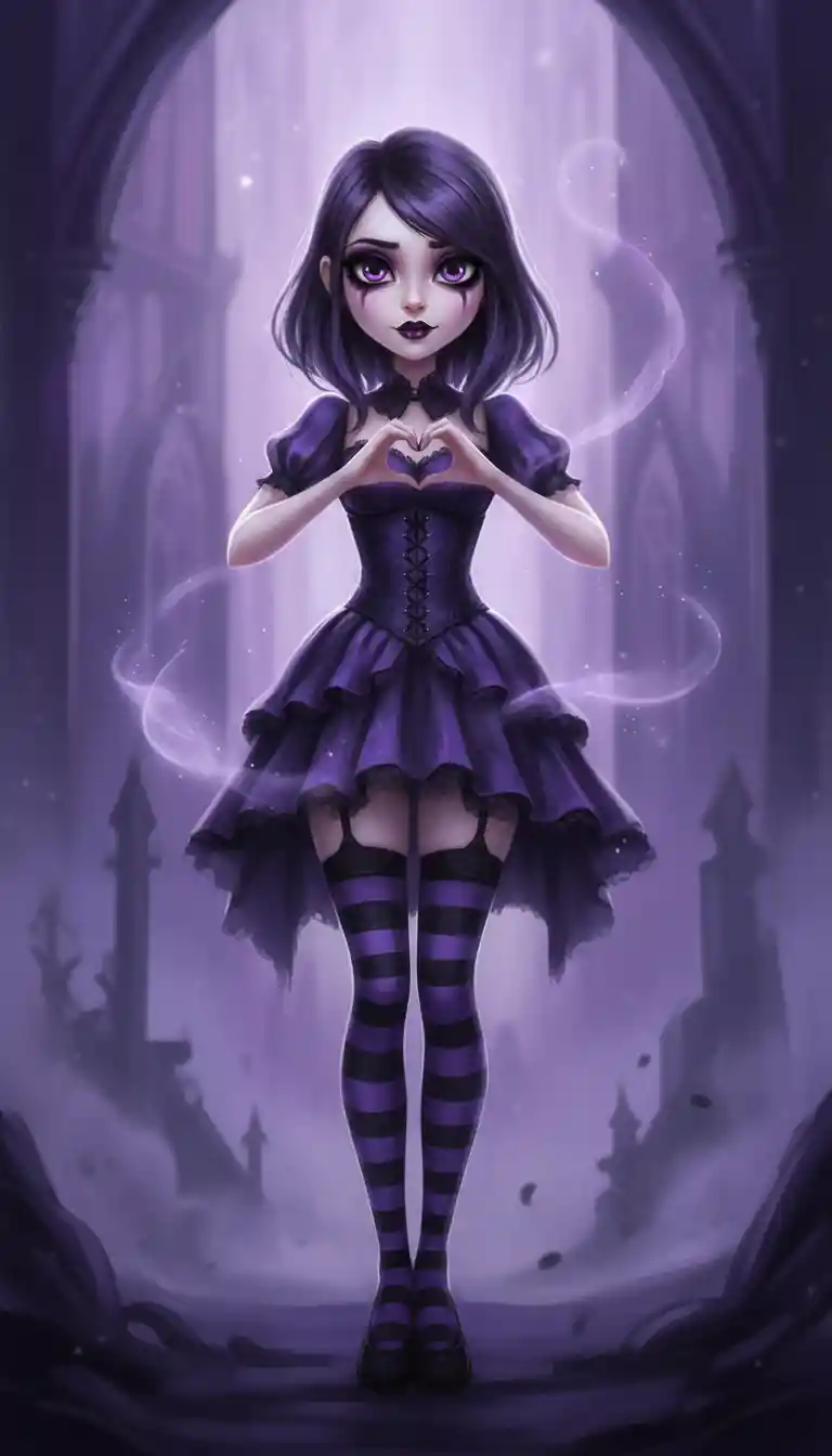 Gothic anime girl posing with a hand heart gesture