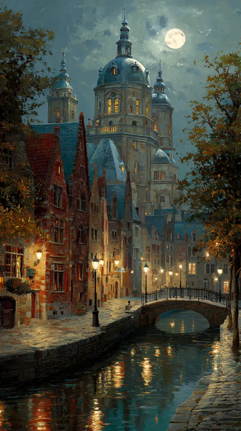 Moonlit canal city with grand cathedral and stone bridge
