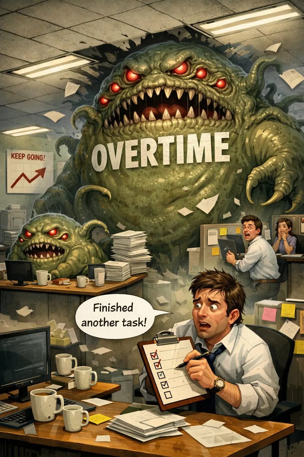 Monstruo gigante de horas extra acechando a un trabajador de oficina estresado