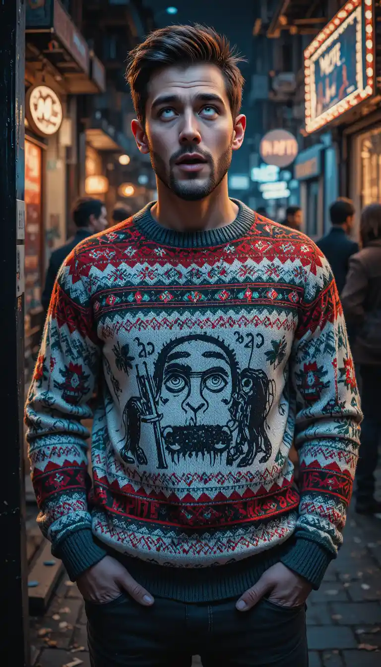 Goofy man in a festive nordic holiday sweater with neon style