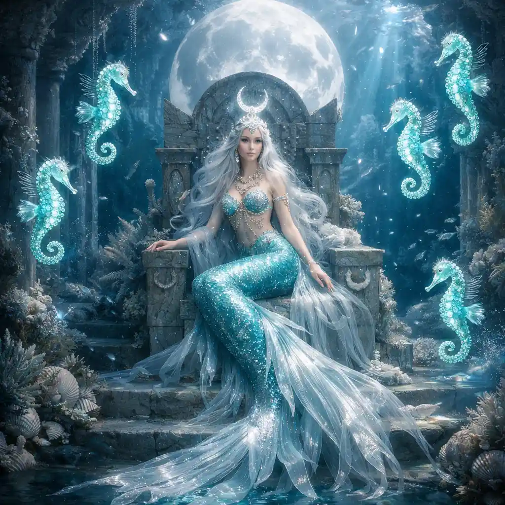 Sirena de la luna en un templo submarino con caballitos de mar brillantes
