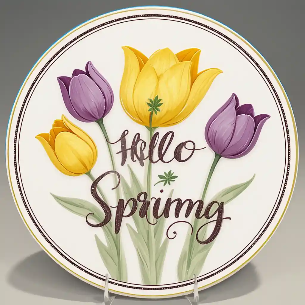 Rundes Blumen-Emblem mit Tulpen und „Hello Spring“-Text