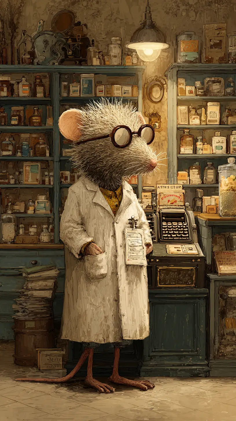 Cute Mouse Pharmacist In Vintage Comic Pharmacy Scene