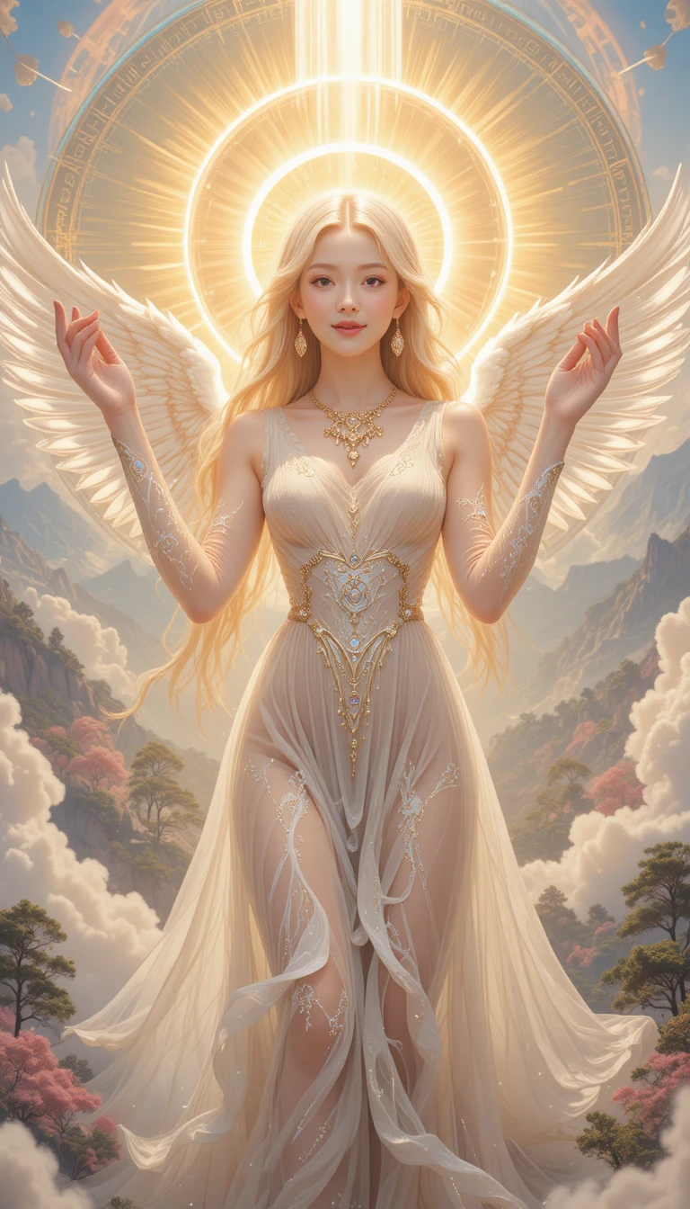 Radiant sun goddess with golden aura above the earth