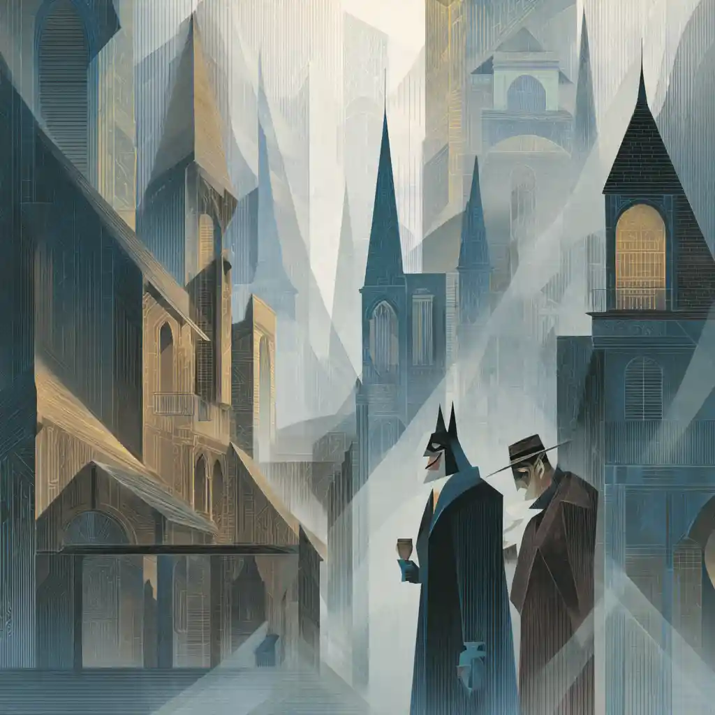 Città di Gotham surreale che fluttua in una cattedrale avvolta nella nebbia