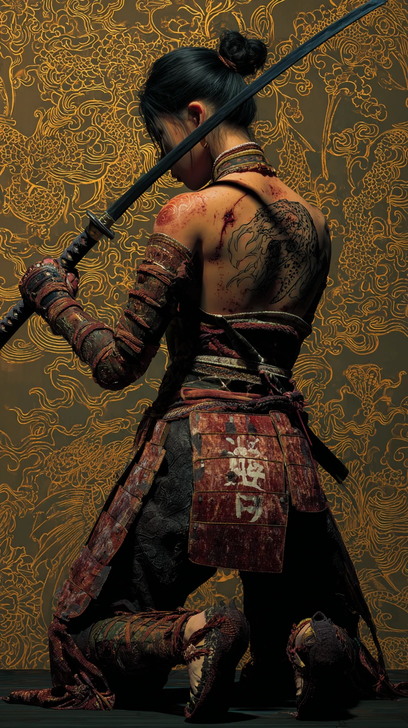 Samurai woman kneeling with katana against ornate backdrop