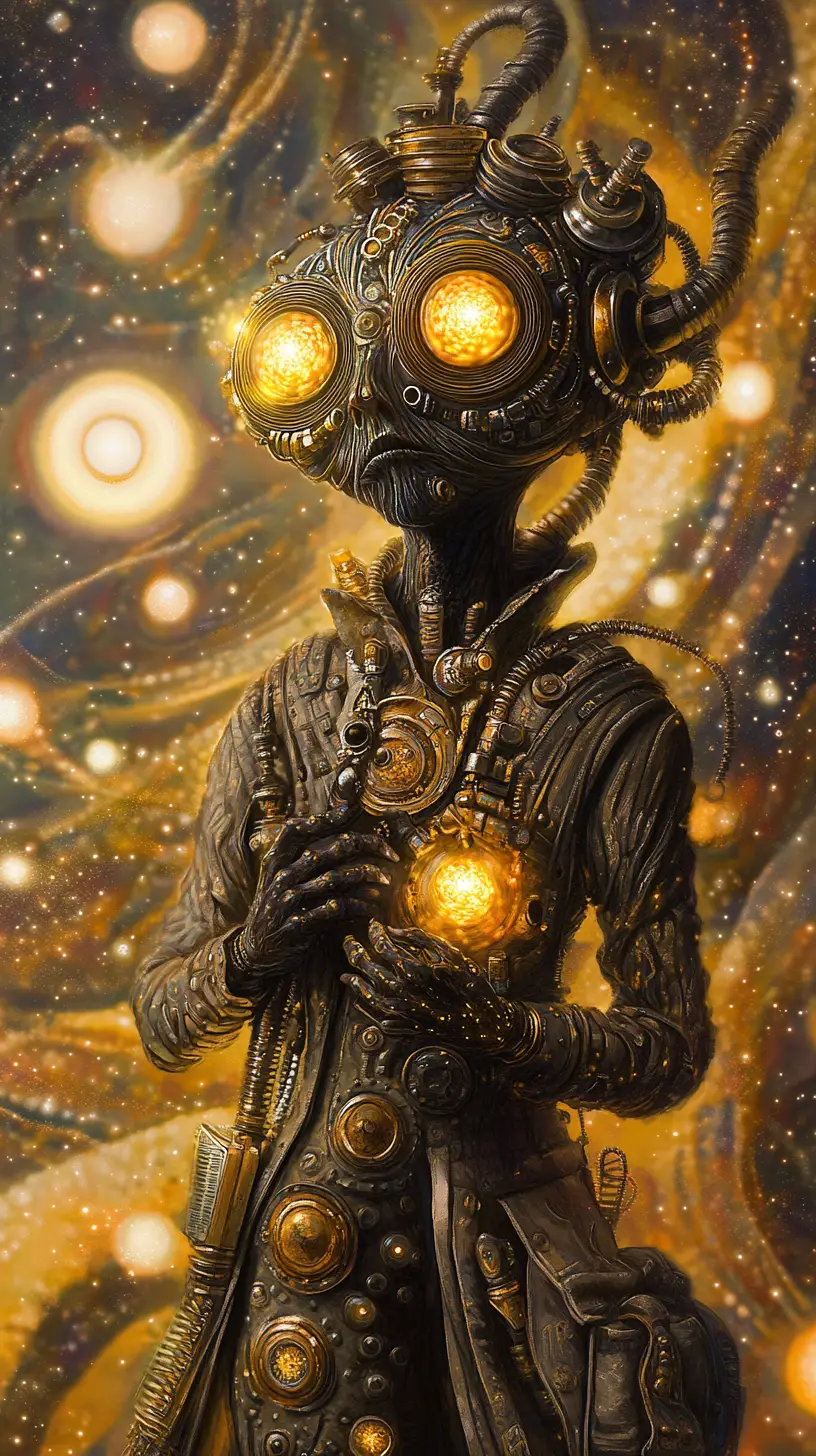 Twisted steampunk humanoid in a vortex of cosmic light