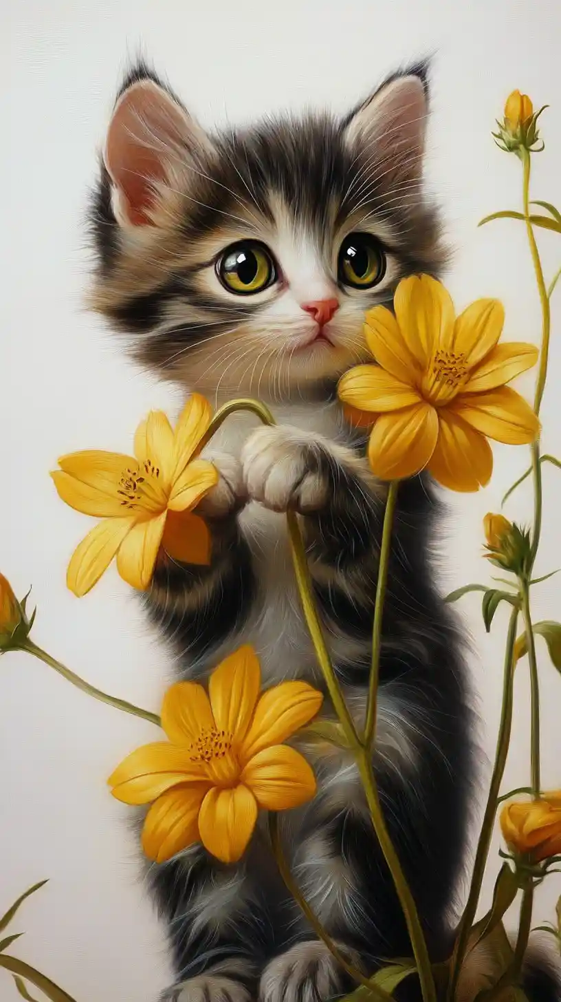 Playful cartoon kitten with yellow flowers on white background