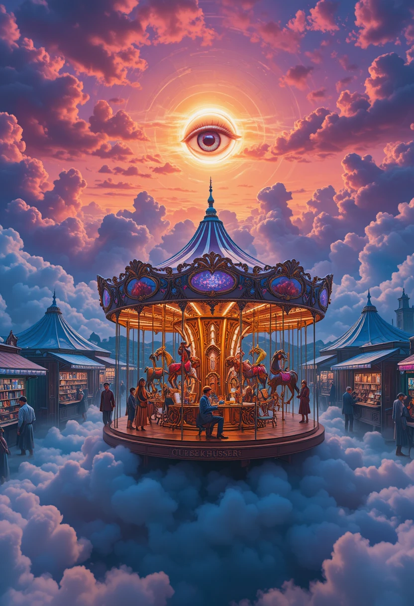 Surreal floating bazaar above solid clouds in the sky