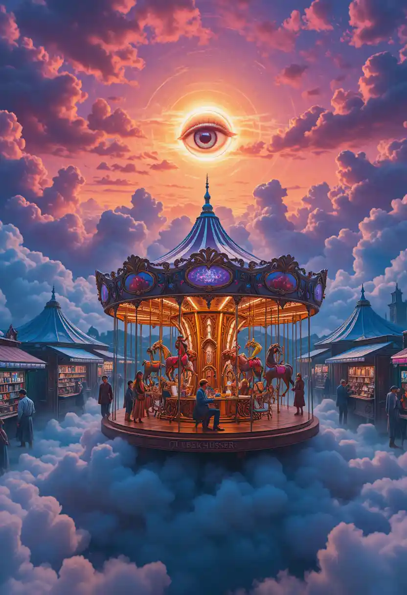 Surreal floating bazaar above solid clouds in the sky