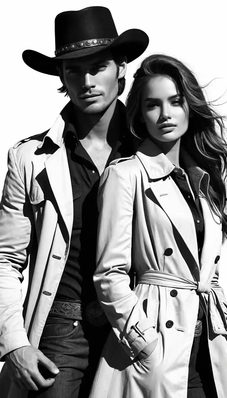 Stylish cowboy couple portrait at night in the wild west