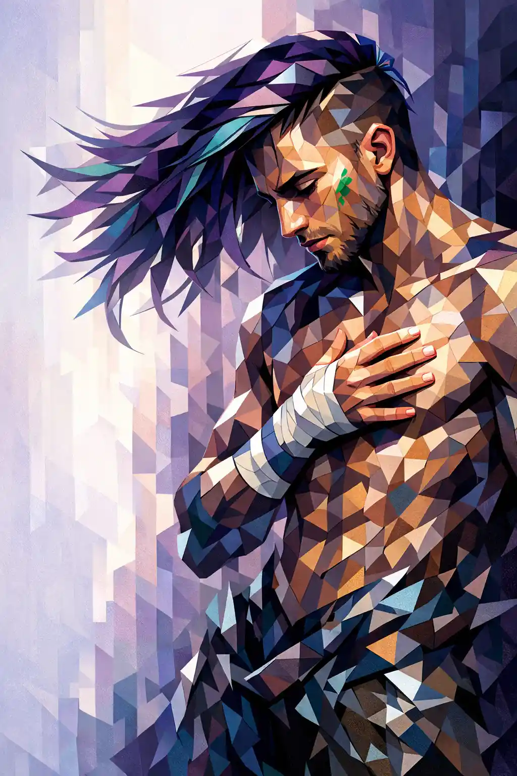Crystalline geometric portrait of a pensive long haired man