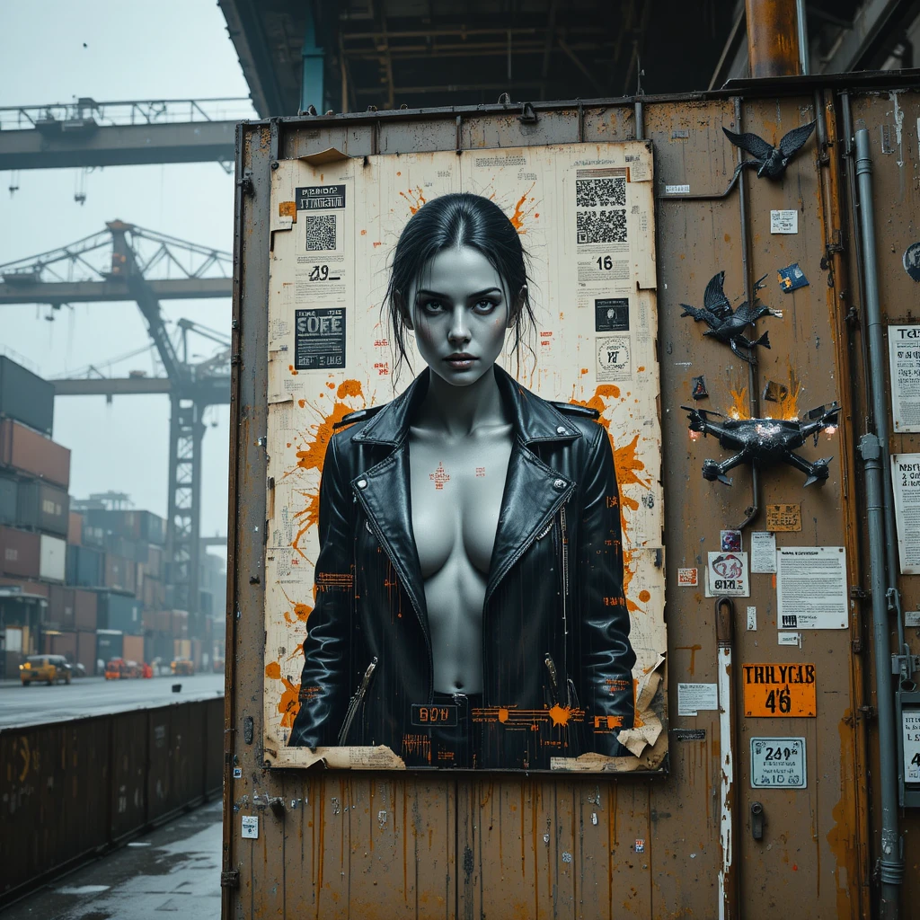 Glitch-Noir-Poster einer entschlossenen Frau im Orbitaldock
