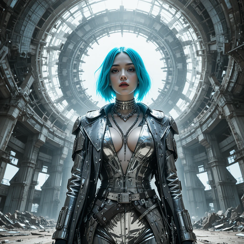 Femme fatale in silver trench coat in orbital turbine hall