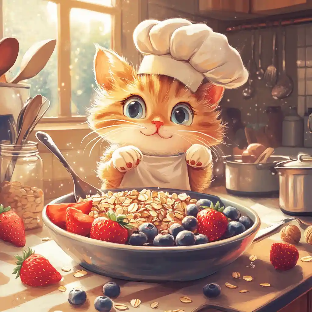 Cartoon Cat Chef Making Colorful Muesli In Kitchen