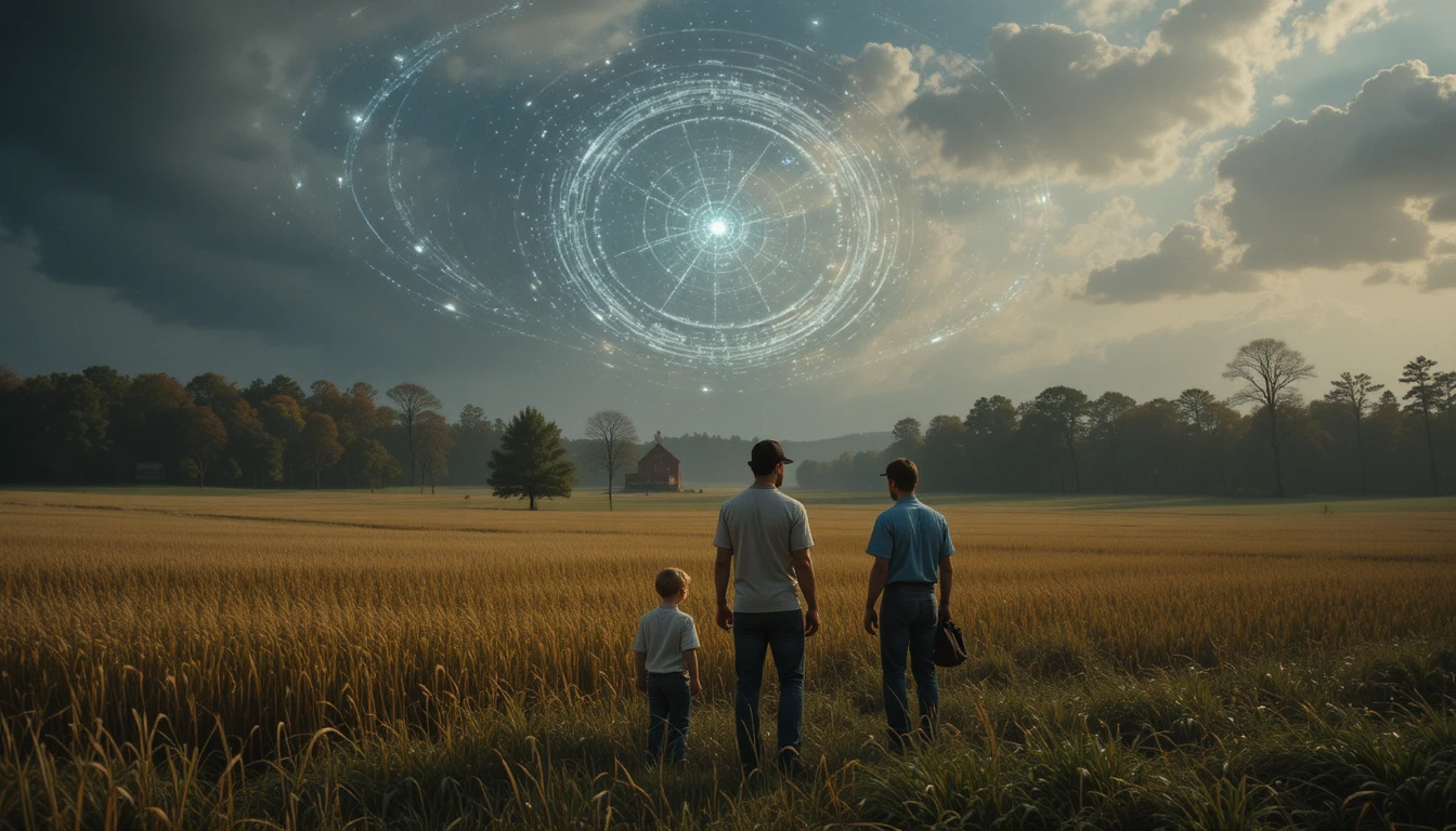 Family stands on rural farm facing strange crop circles