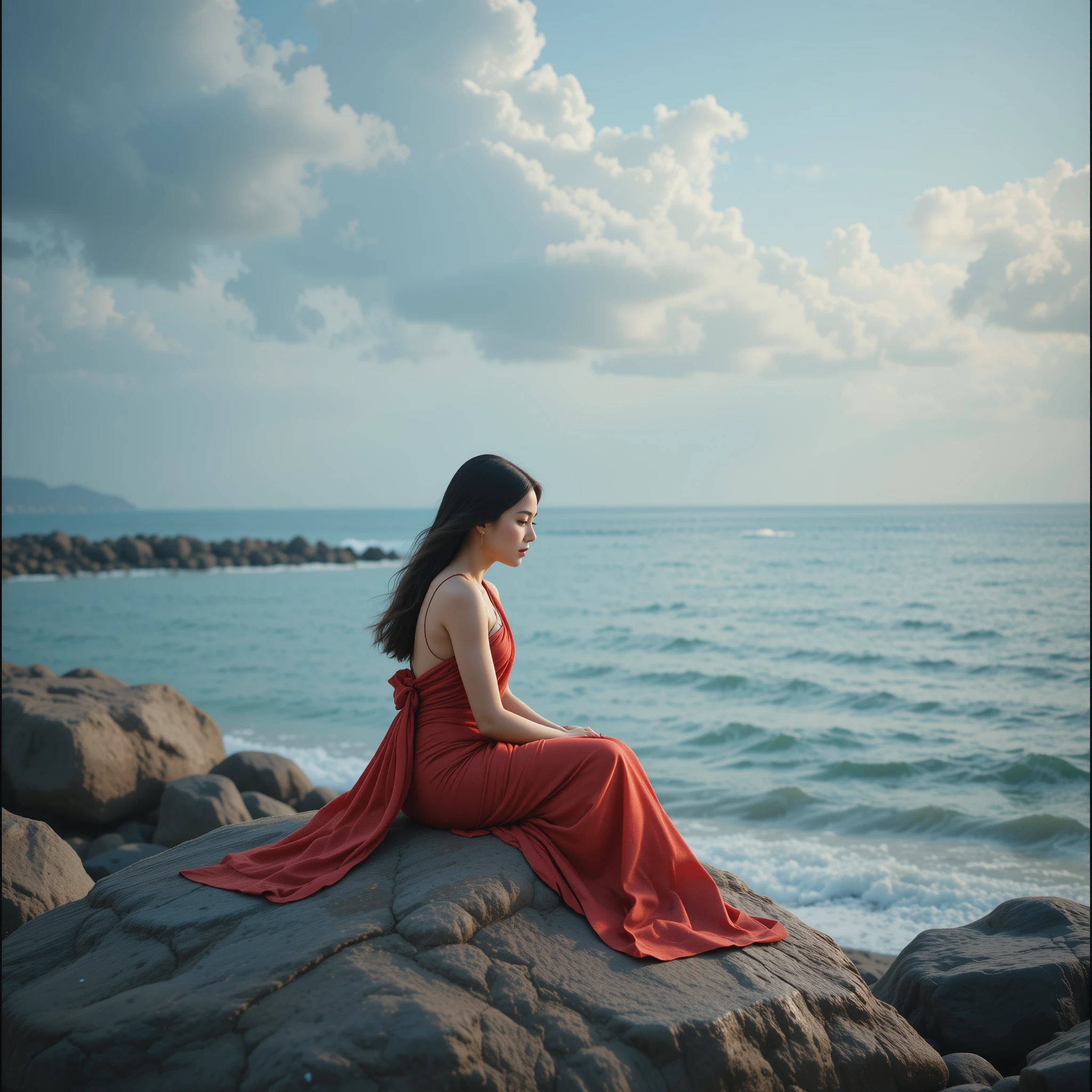 Giovane ragazza in sari rosso seduta accanto al mare calmo