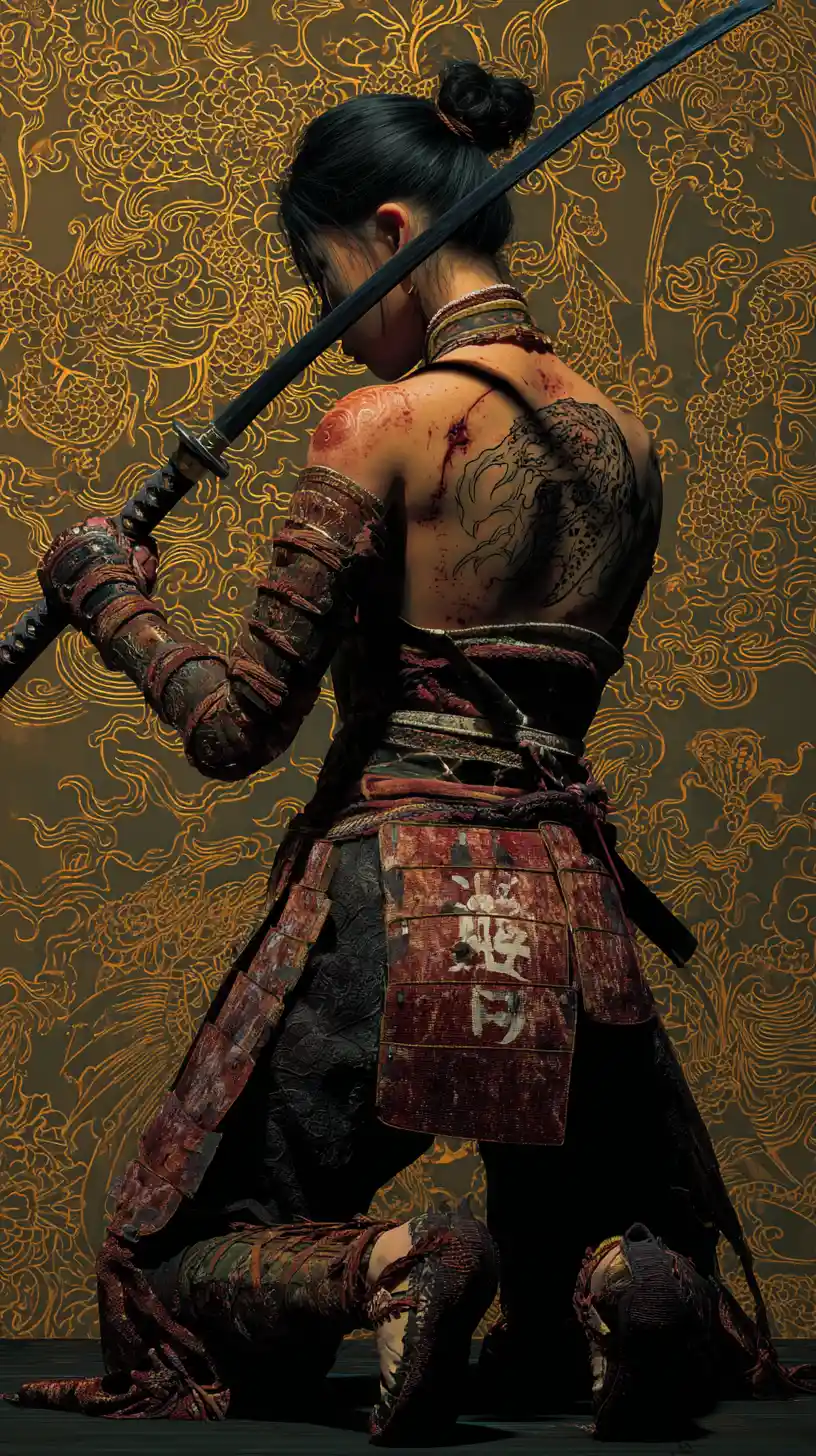 Samurai woman kneeling with katana against ornate backdrop