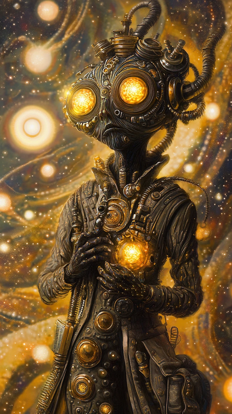 Humanoïde steampunk tordu dans un vortex de lumière cosmique