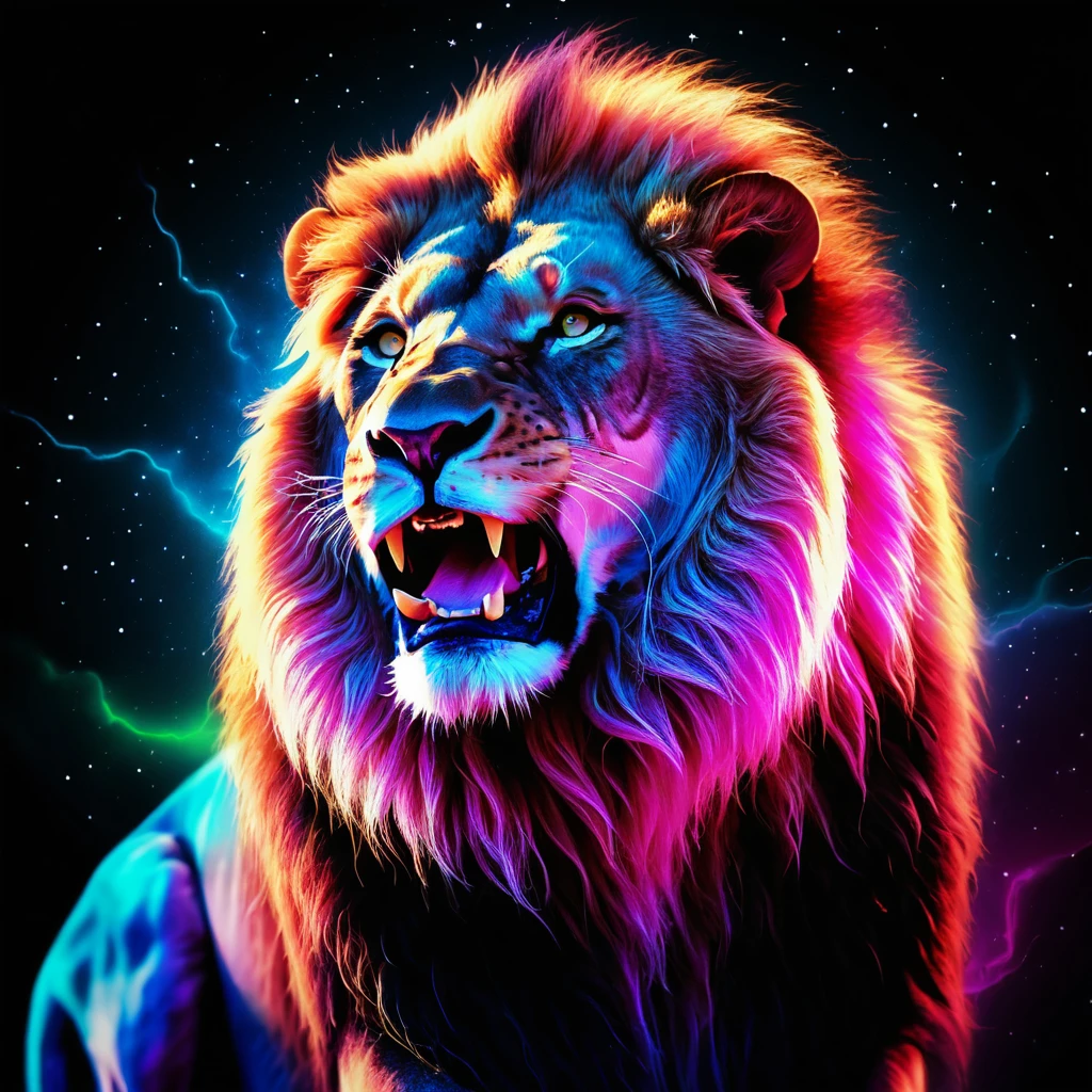 León rugiente y colorido bajo un cielo nocturno de aurora vibrante