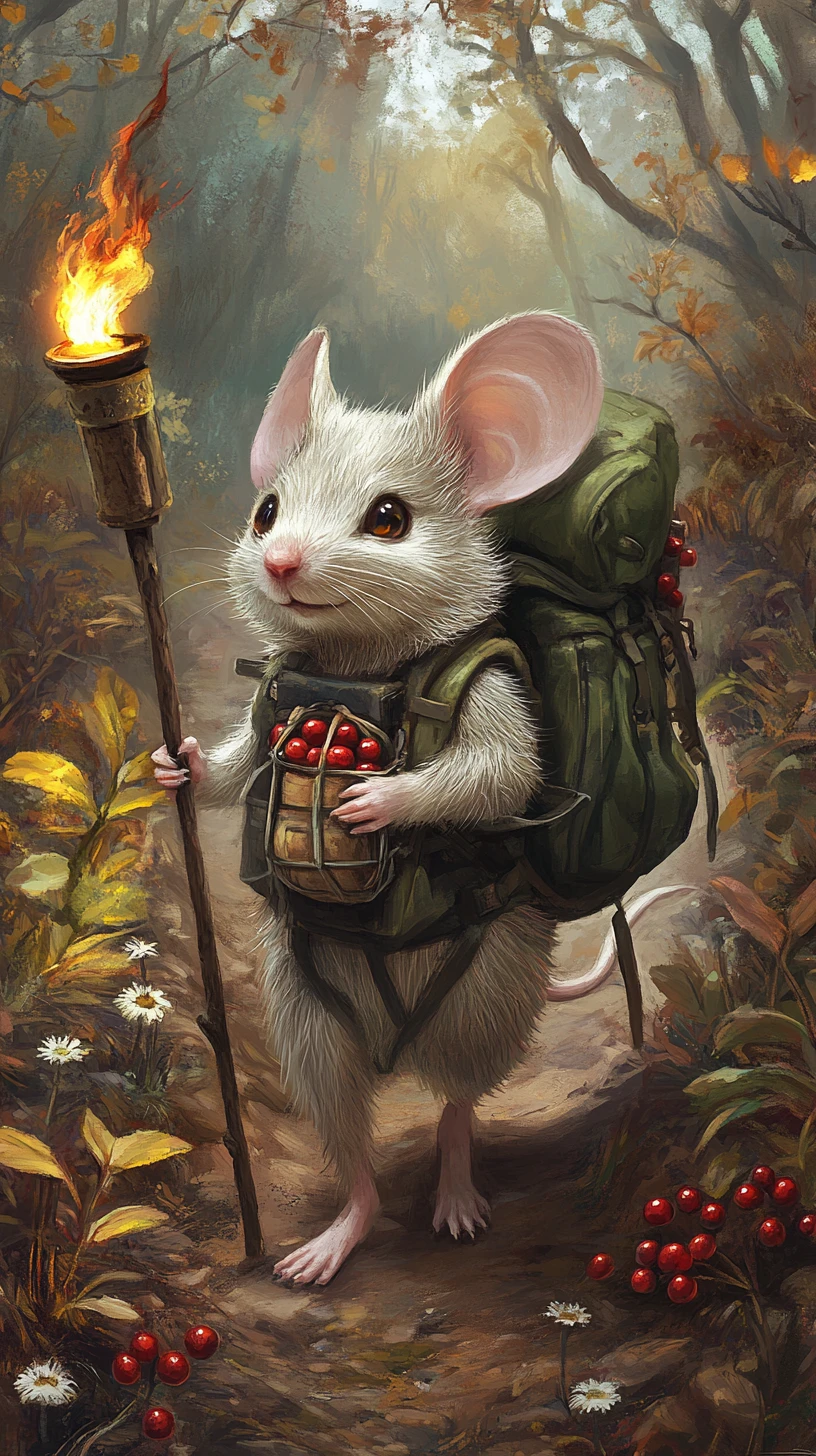 Curious traveling mouse walking along a lantern lit forest path
