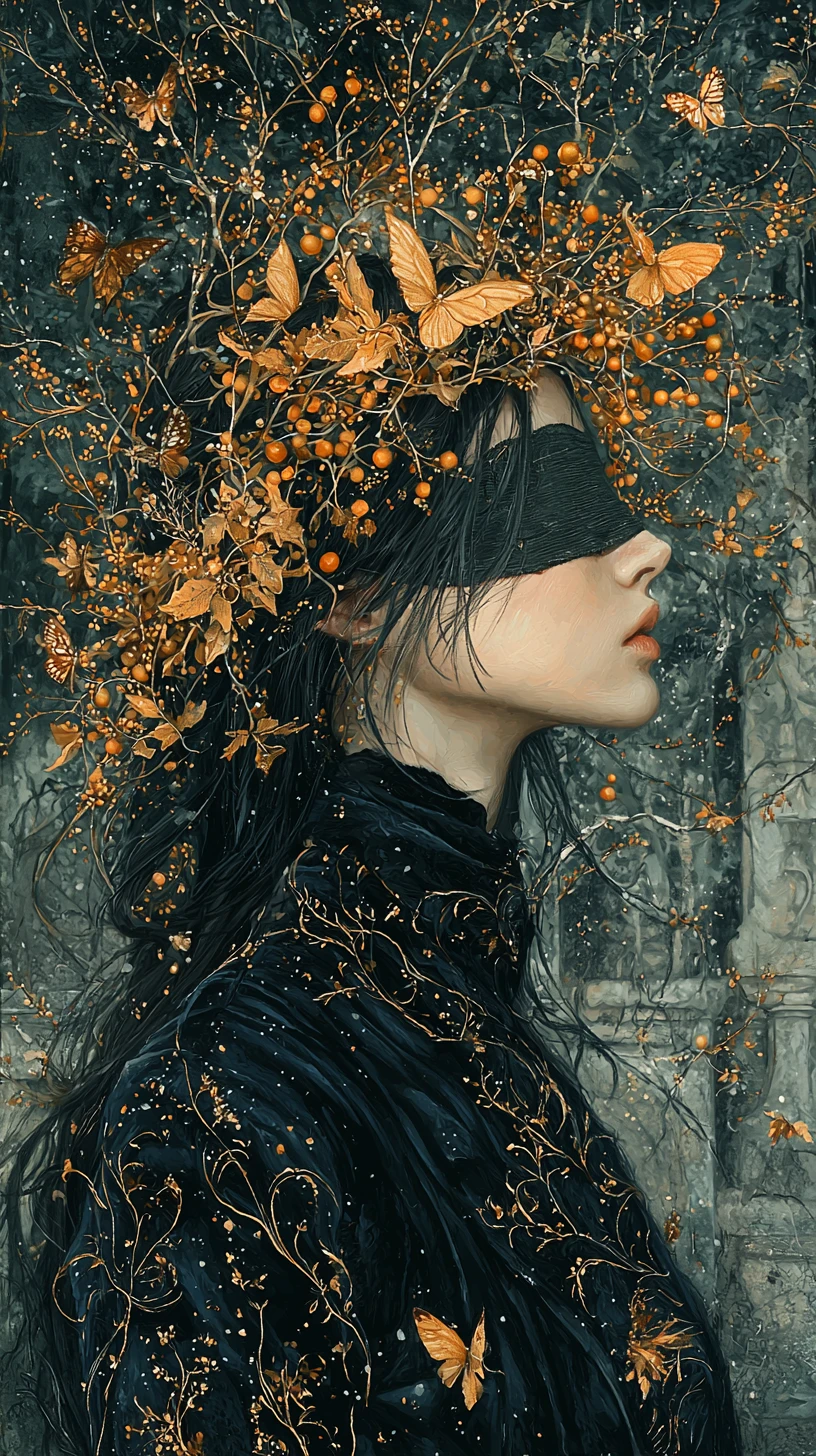 Blindfolded woman in velvet robe among ancient ruins